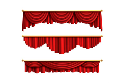 Red curtains. Realistic luxury curtain cornice set. Interior drapery t