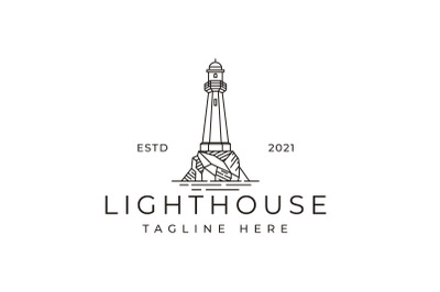 Lighthouse Searchlight Beacon Tower Island Beach Coast Logo Design