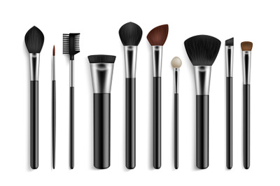 Makeup brushes. Realistic professional visagiste tools. Isolated 3D ac