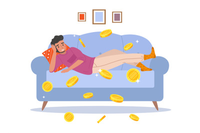 Passive income. Cartoon man earns money relaxing at home. Young male l