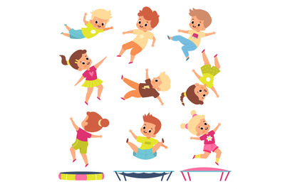 Children jumping on trampolines. Cartoon boys and girls in different f