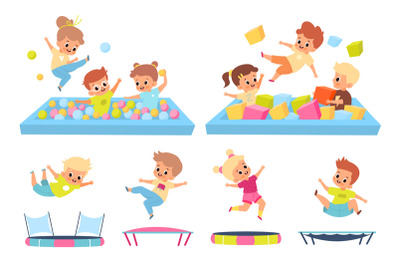 Kids in soft pool. Children jump on trampolines. Boys and girls in pla