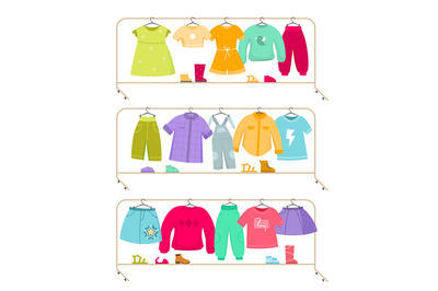 Clothes racks. Wardrobe stands with kids apparel. Isolated simple furn