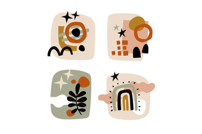 Modern collages set. Various doodle shapes abstract objects, natural c