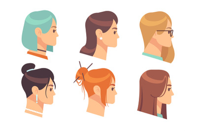 Female head profile. Cartoon woman portraits. Girls with different hai