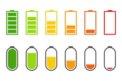 Icons battery. Charging level of accumulators. Cartoon full, low and e