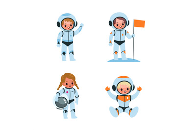 Kids astronauts. Cartoon boys and girls in spacesuits. Children explor