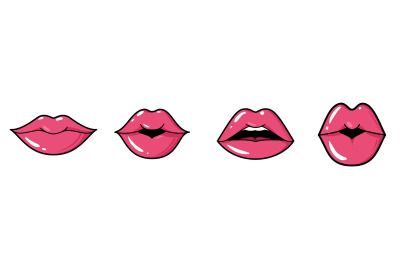 Playful lips. Cartoon female mouth. Face parts expressions. Pink makeu