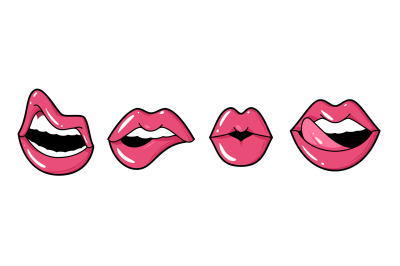 Playful lips. Female mouth tongue and teeth, bright pink lipstick or g