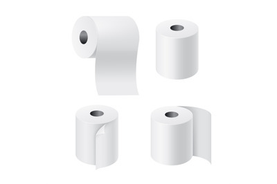 Realistic rolls paper. 3D toilet tissues with unwound pieces. Hygiene