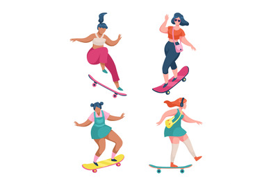 Girls skateboarders. Young women riding skateboards. Cartoon female ch