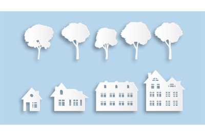 Suburban buildings and trees. Paper cut houses. Various isolated white