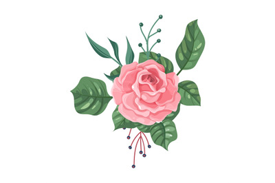 Flower. Cartoon garden pink rose with green leaves. Blossom and greene