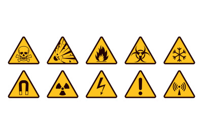 Warning signs. Realistic caution icons. Yellow and black stickers set.