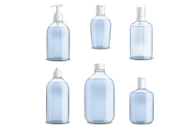 Bottles hand sanitizer. Transparent templates realistic set&2C; 3d plasti