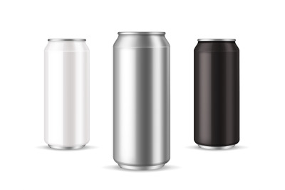 Cans metallic. Realistic aluminum can collection. White silver and bla