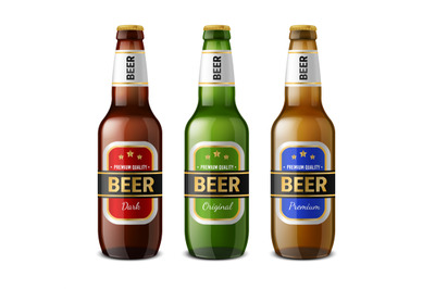 Realistic beer bottle. Glass 3D drinks containers. Refreshment brewery