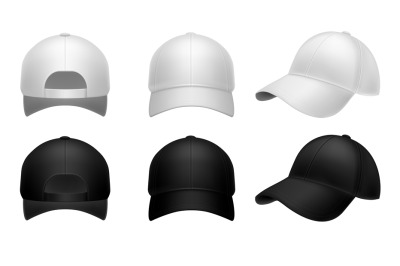 Realistic baseball cap. Black and white mockup hat front side and back