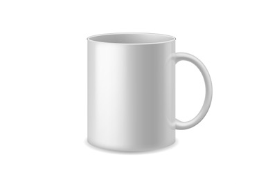 Realistic cup. White ceramic mug with handle coffee or tea. Empty simp