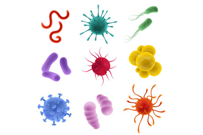 Realistic types viruses. Microorganism shapes. Bacteria, germs and bac