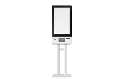 Self-ordering kiosk and ATM. Realistic cash dispenser. 3D banking equi