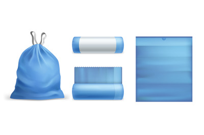 Trash bags realistic. Garbage blue eco pack with ties in different sta