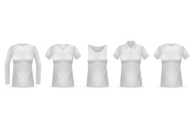 Women white t-shirts. Female clothes mockups realistic collection, dif