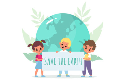 Save planet. Cartoon kids holding placard. Boys and girls take care of