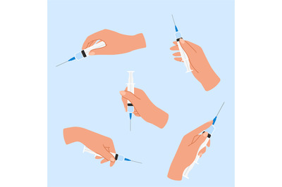 Syringe in hand. Arms hold injectors. Doctors vaccinate patients. Coro