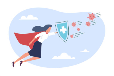 Virus protection. Superhero flying and holding shield to protect again