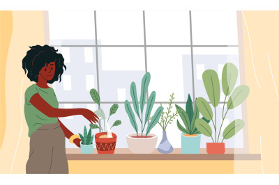 Window with plants. Cartoon woman watering houseplants. Female grows f