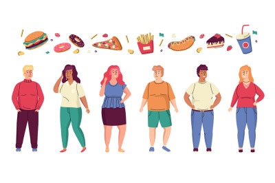 Fat people. Cartoon overweight men or women. Fast food and fatty nutri