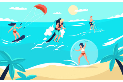 Sea sport. Cartoon people doing extreme activities on beach. Woman win