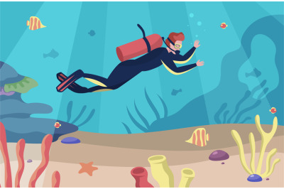 Sea scuba diving. Man swims underwater. Character dives with goggles a