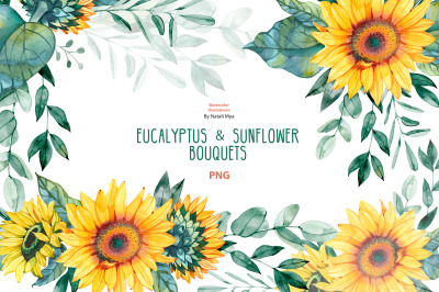 6 sunflower &amp; eucalyptus bouquets