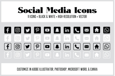 11 Square Social Media Icons, Customizable Vector Icons