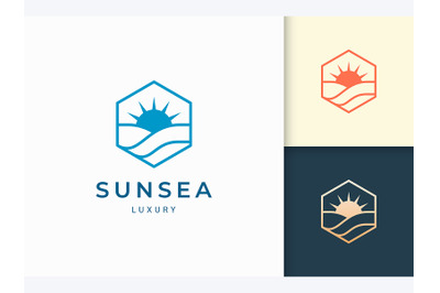 Sun and Sea Logo in Simple Hexagon Shape