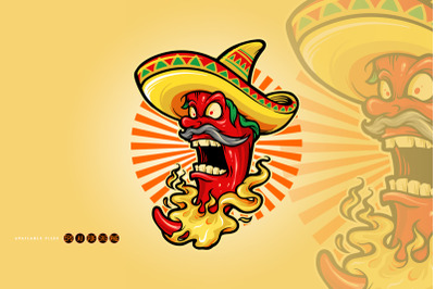 Mexican Red Hot Chili Pepper with Hat Mascot Logo