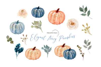 Elegant Navy Blue Pumpkin Clipart, Greenery Floral Clip Art