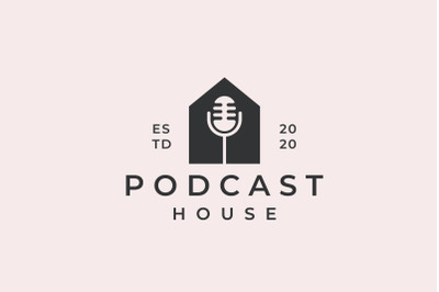 Vintage Retro Microphone Podcast House Logo Design