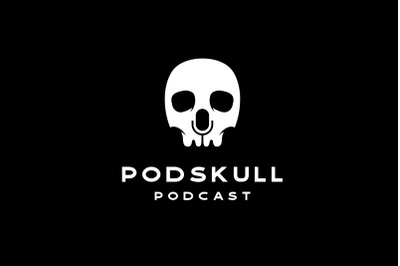 skull skeleton with mic as negative space for podcast logo design