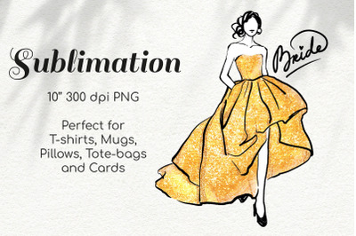 Bride in Gold Glitter Dress Character Sketchy Illustration