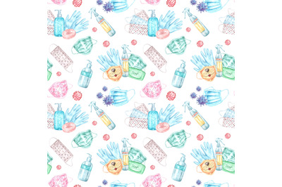 Hygiene watercolor seamless pattern. Prevention of Covid. Quarantine.