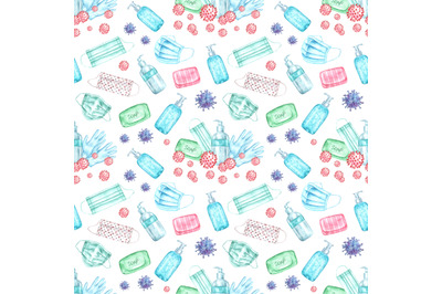 Quarantine watercolor seamless pattern. Covid, pandemic, prevention