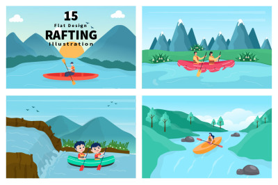 15 Rafting, Canoeing, Kayaking in the River Vector Illustration