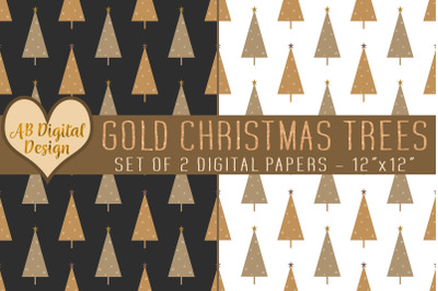 Gold Christmas Trees Digital Paper, Christmas Seamless Patterns