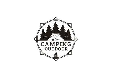 Forest Camping Emblem with Tent and Pine Trees Logo Design