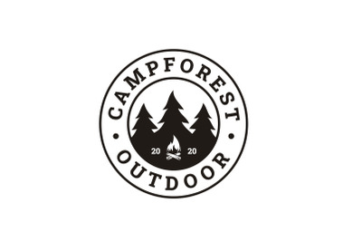 Forest Camping Emblem with bonfire and Pine Trees Logo Design