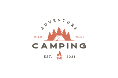 Forest Camping Emblem with tent and Pine Trees Logo Design