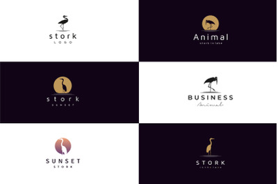 Stork Heron Bird on River Lake Creek Sunset Logo Design Set